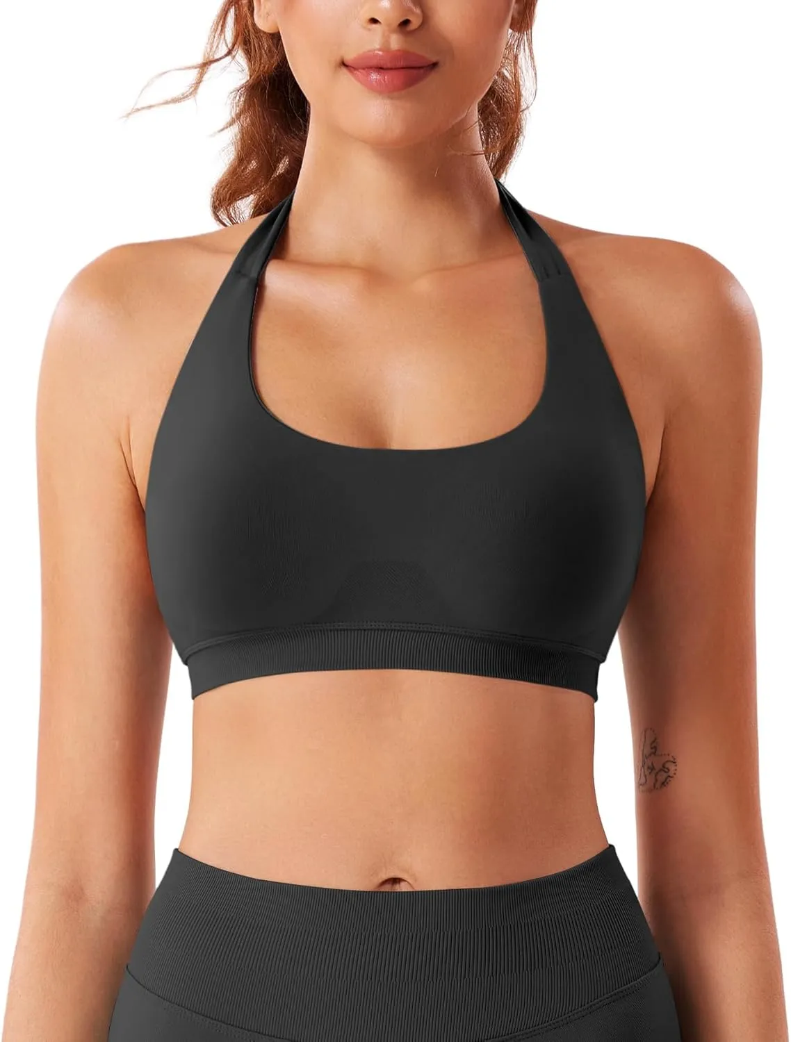 VOYJOY Women Workout Impact Bras Medium Low Support Halter Sports Bras Seamless Open Back Gym Padded Yoga Crop Top