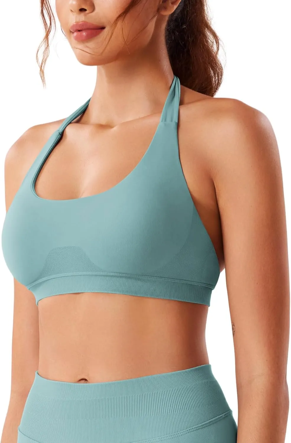 VOYJOY Women Workout Impact Bras Medium Low Support Halter Sports Bras Seamless Open Back Gym Padded Yoga Crop Top