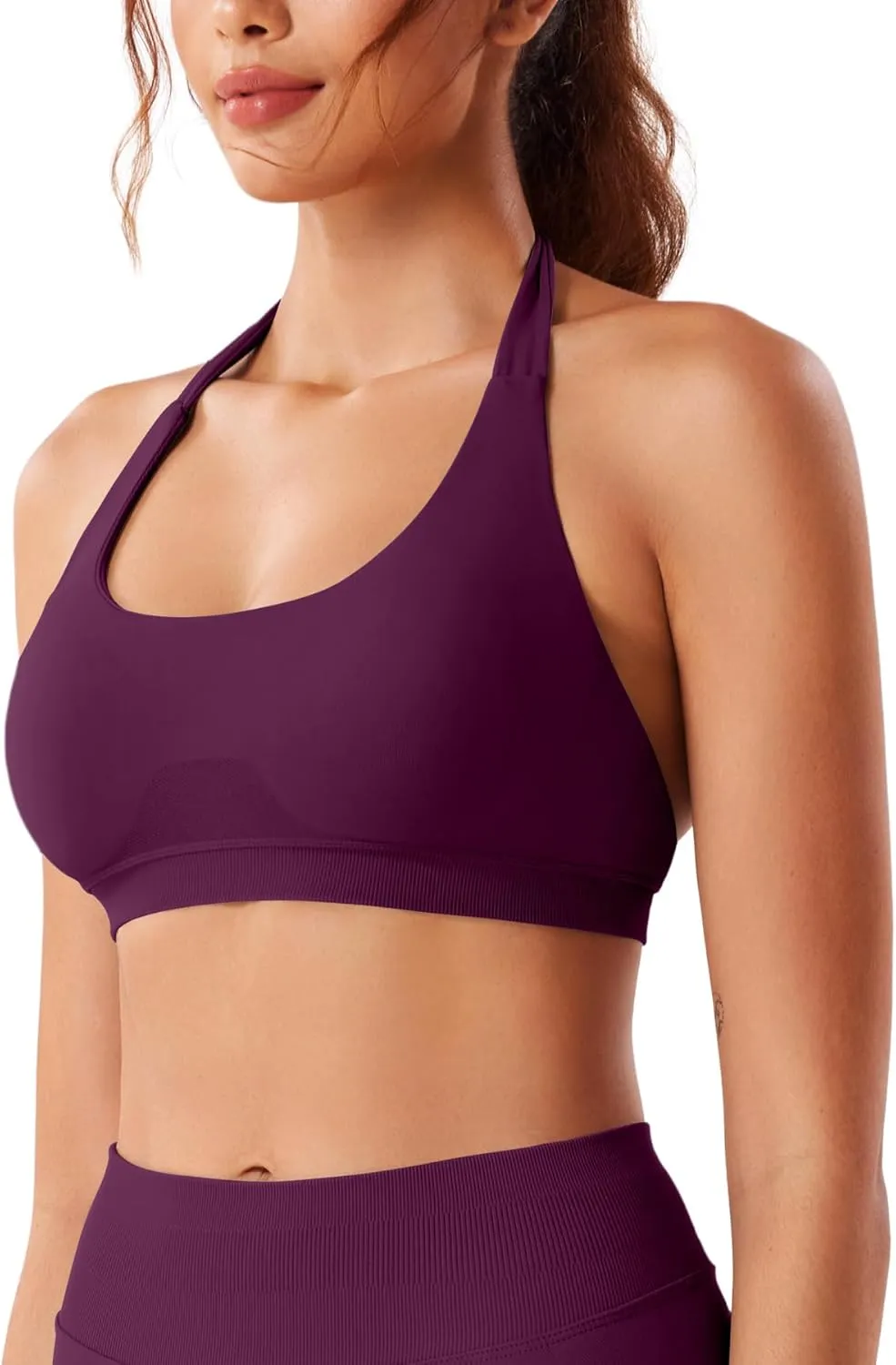 VOYJOY Women Workout Impact Bras Medium Low Support Halter Sports Bras Seamless Open Back Gym Padded Yoga Crop Top