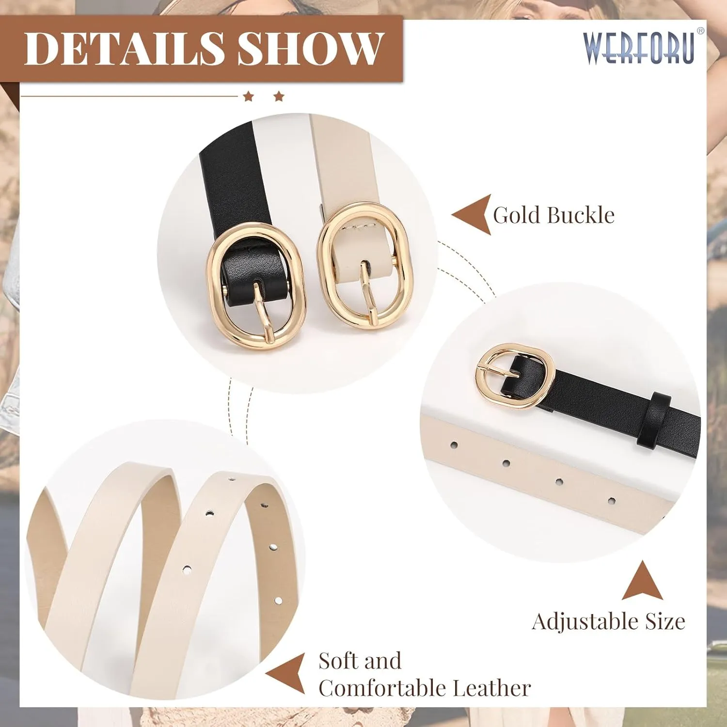 WERFORU 2 Pack Women's Skinny PU Leather Belt with Gold Buckle Ladies Thin Leather Plus Size Waist Belt for Jeans Dress