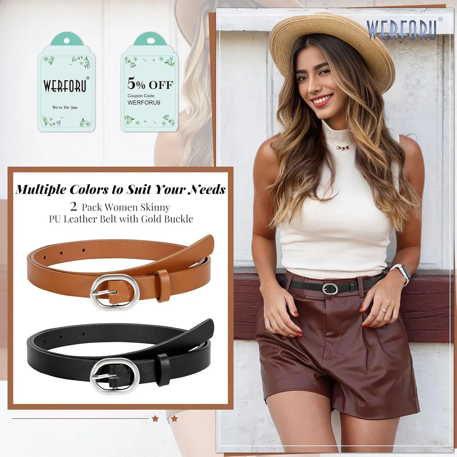 WERFORU 2 Pack Women's Skinny PU Leather Belt with Gold Buckle Ladies Thin Leather Plus Size Waist Belt for Jeans Dress