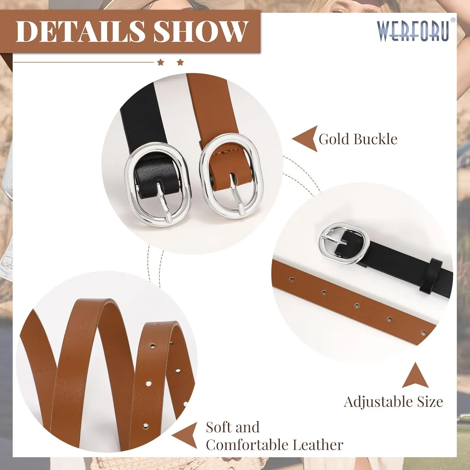 WERFORU 2 Pack Women's Skinny PU Leather Belt with Gold Buckle Ladies Thin Leather Plus Size Waist Belt for Jeans Dress