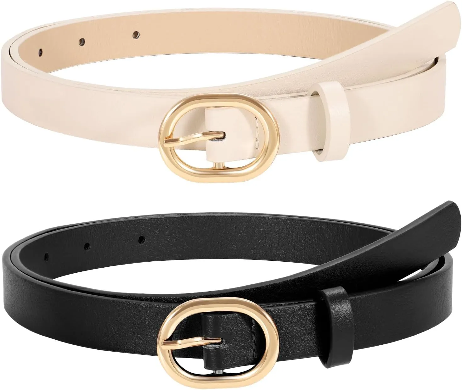 WERFORU 2 Pack Women's Skinny PU Leather Belt with Gold Buckle Ladies Thin Leather Plus Size Waist Belt for Jeans Dress