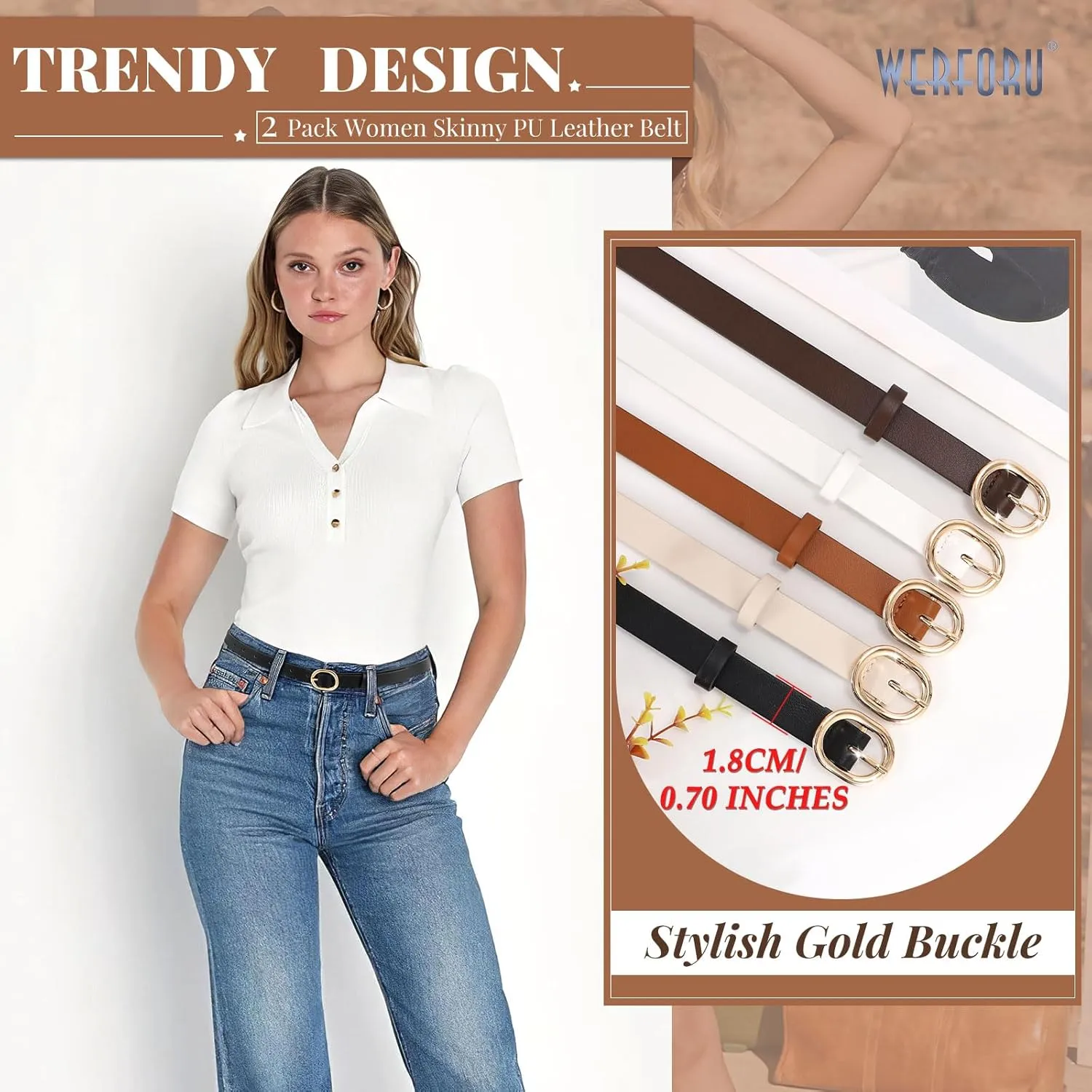 WERFORU 2 Pack Women's Skinny PU Leather Belt with Gold Buckle Ladies Thin Leather Plus Size Waist Belt for Jeans Dress