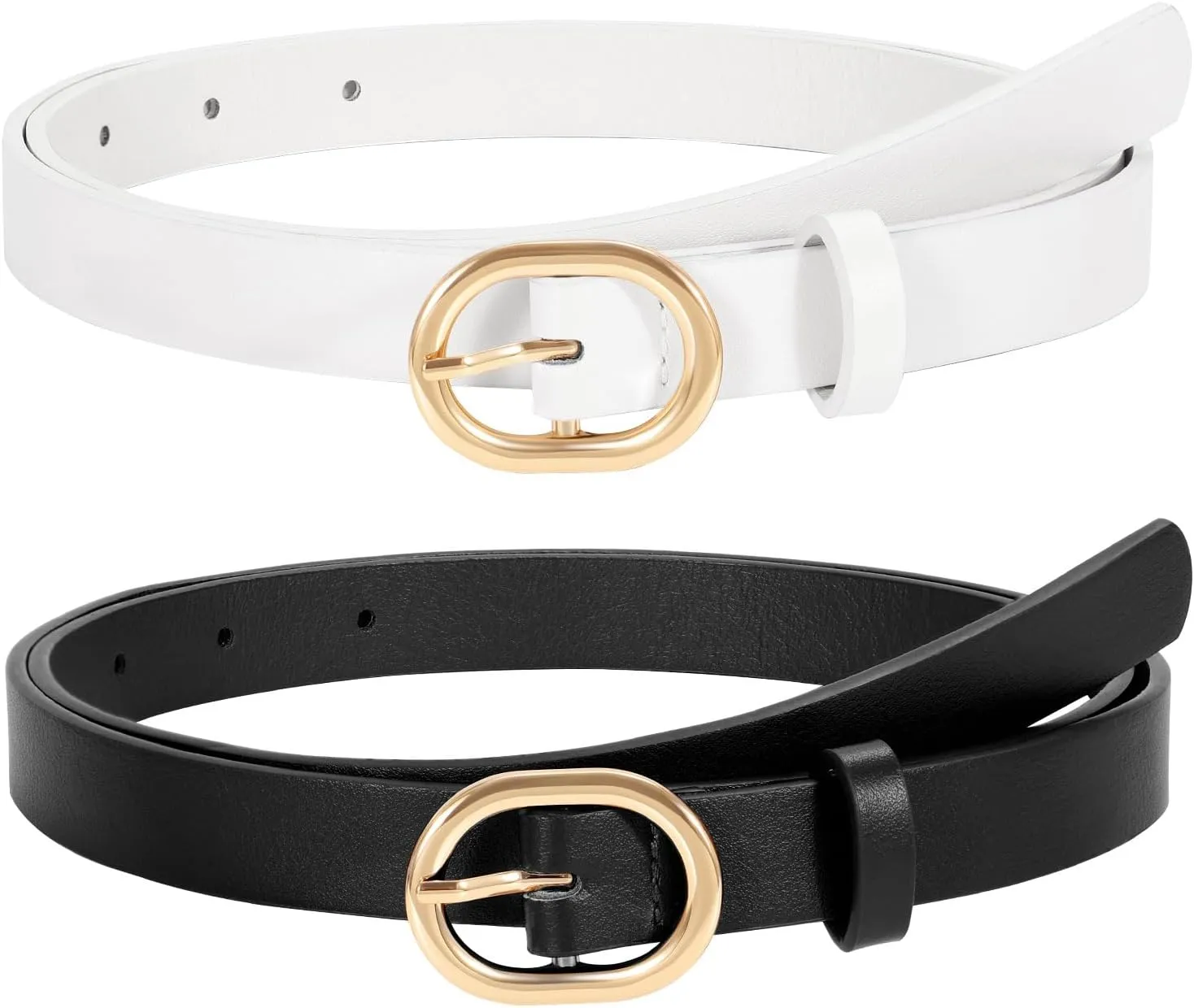 WERFORU 2 Pack Women's Skinny PU Leather Belt with Gold Buckle Ladies Thin Leather Plus Size Waist Belt for Jeans Dress