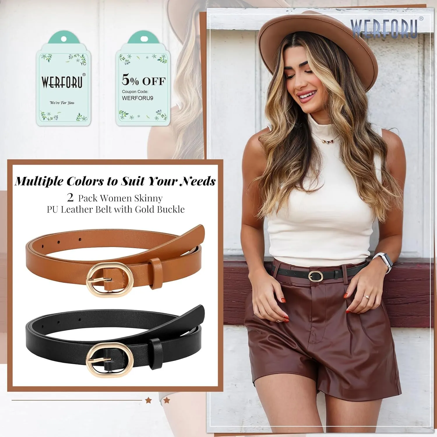WERFORU 2 Pack Women's Skinny PU Leather Belt with Gold Buckle Ladies Thin Leather Plus Size Waist Belt for Jeans Dress