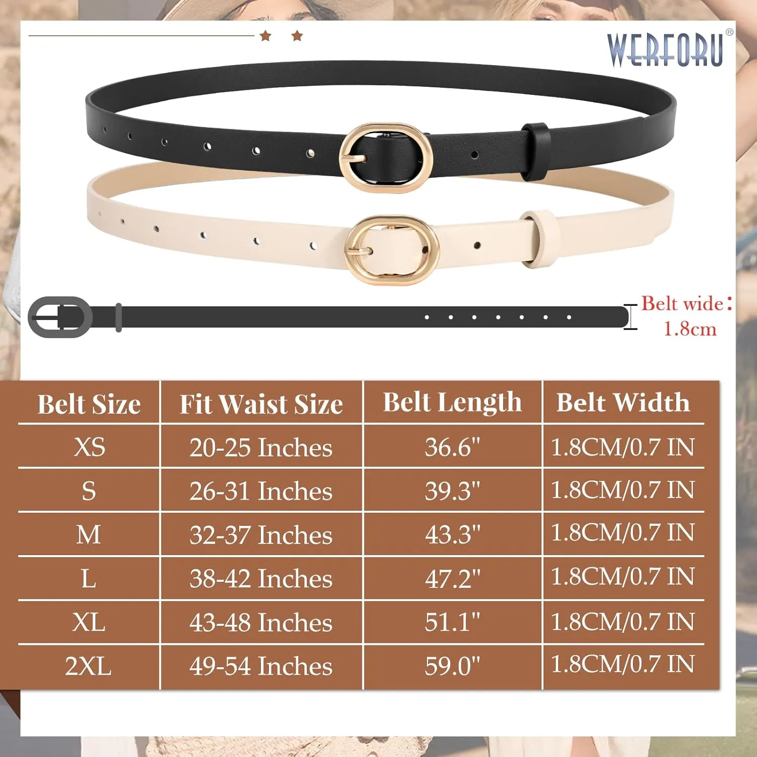 WERFORU 2 Pack Women's Skinny PU Leather Belt with Gold Buckle Ladies Thin Leather Plus Size Waist Belt for Jeans Dress