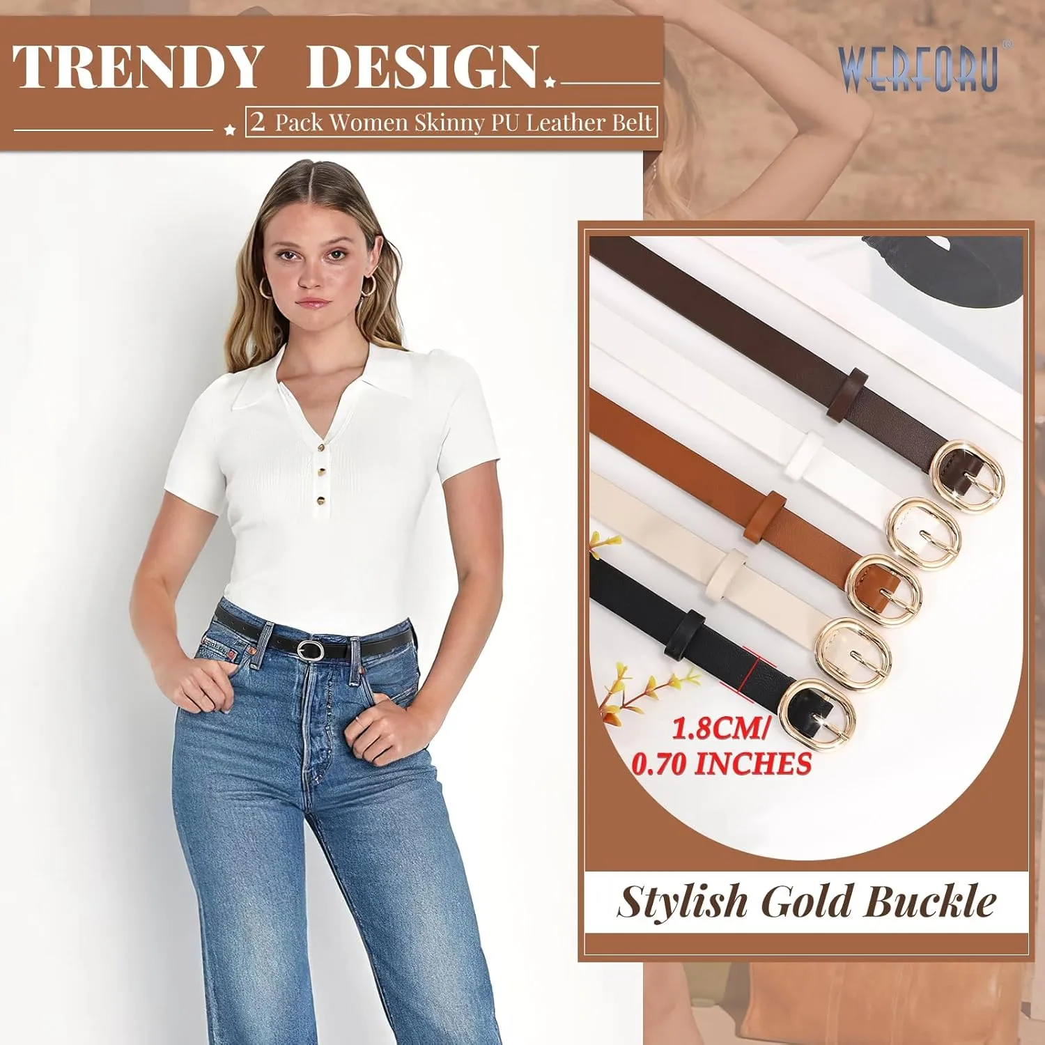 WERFORU 2 Pack Women's Skinny PU Leather Belt with Gold Buckle Ladies Thin Leather Plus Size Waist Belt for Jeans Dress