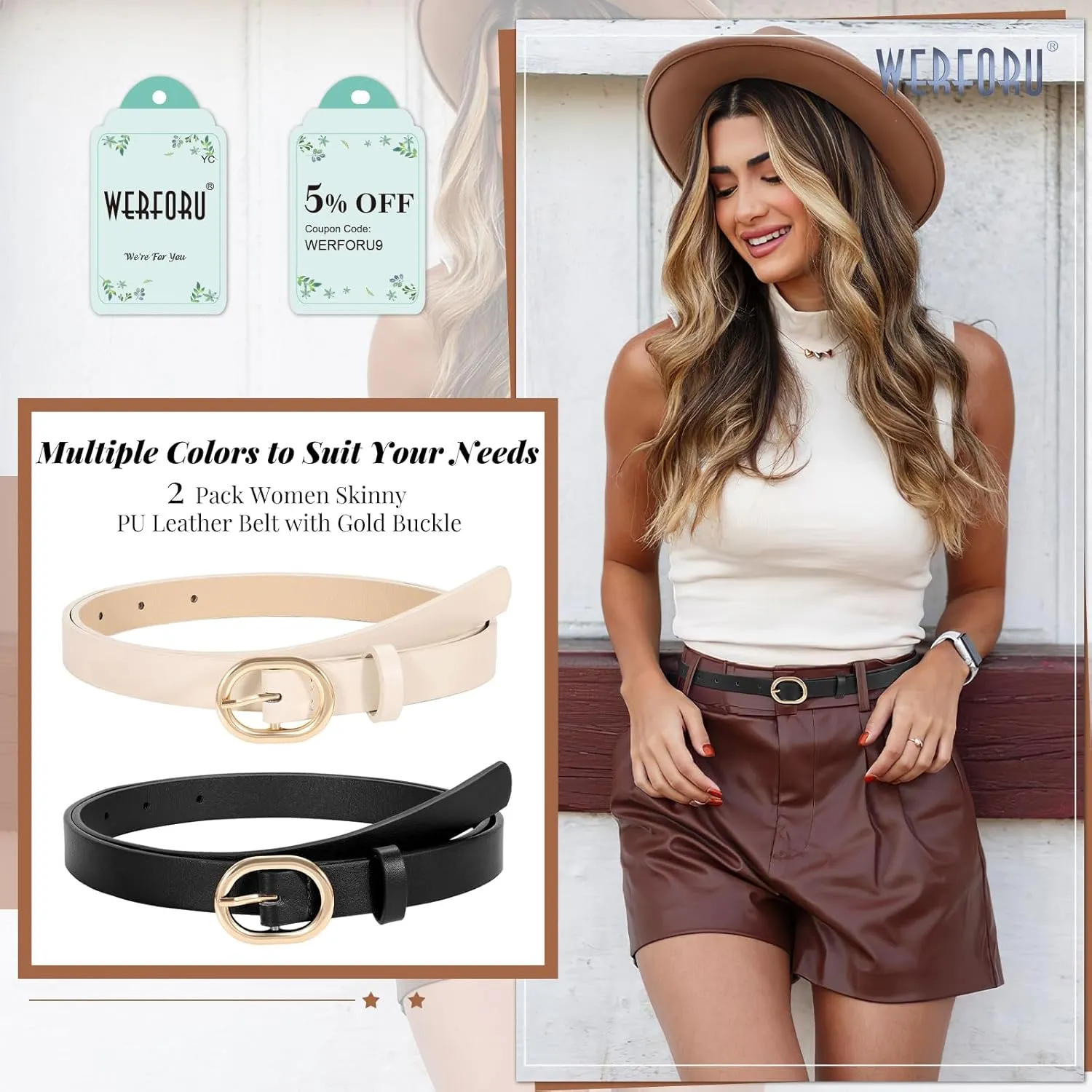 WERFORU 2 Pack Women's Skinny PU Leather Belt with Gold Buckle Ladies Thin Leather Plus Size Waist Belt for Jeans Dress