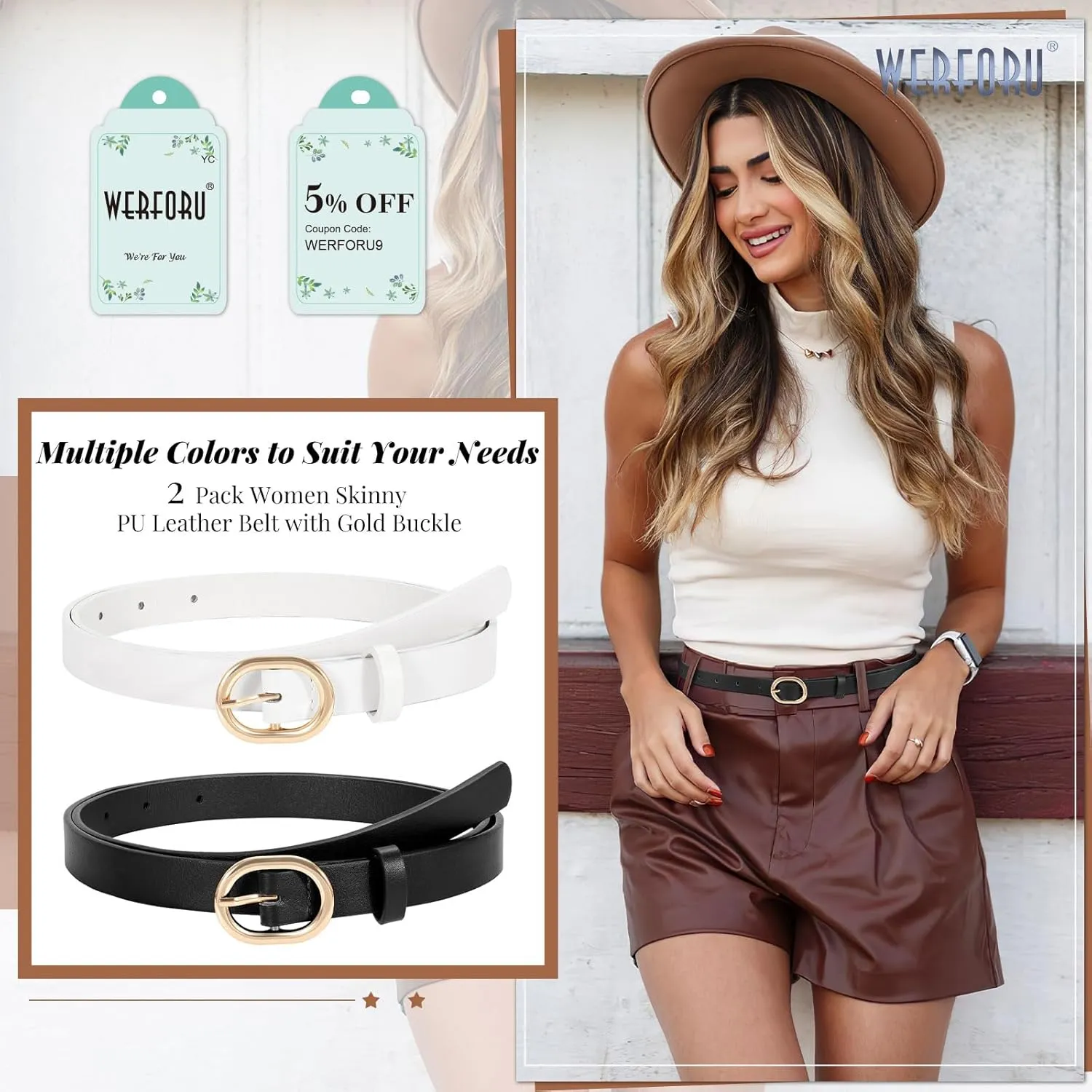WERFORU 2 Pack Women's Skinny PU Leather Belt with Gold Buckle Ladies Thin Leather Plus Size Waist Belt for Jeans Dress