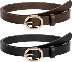 WERFORU 2 Pack Women's Skinny PU Leather Belt with Gold Buckle Ladies Thin Leather Plus Size Waist Belt for Jeans Dress