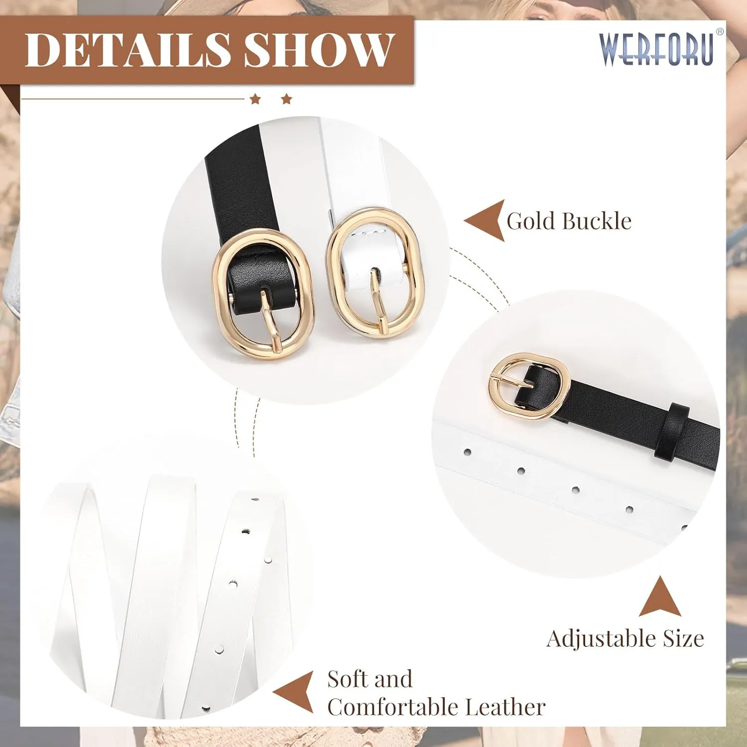 WERFORU 2 Pack Women's Skinny PU Leather Belt with Gold Buckle Ladies Thin Leather Plus Size Waist Belt for Jeans Dress