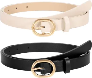 WERFORU 2 Pack Women's Skinny PU Leather Belt with Gold Buckle Ladies Thin Leather Plus Size Waist Belt for Jeans Dress