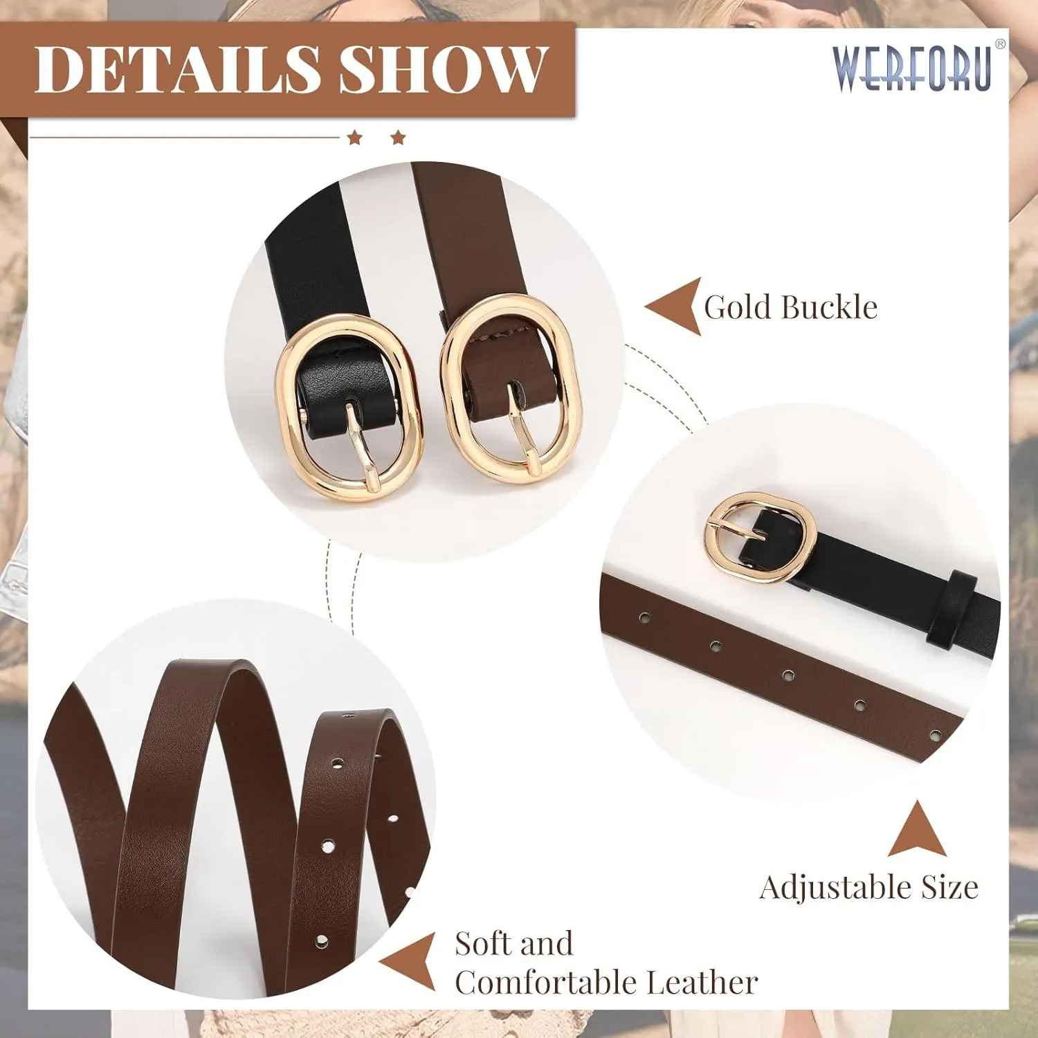 WERFORU 2 Pack Women's Skinny PU Leather Belt with Gold Buckle Ladies Thin Leather Plus Size Waist Belt for Jeans Dress