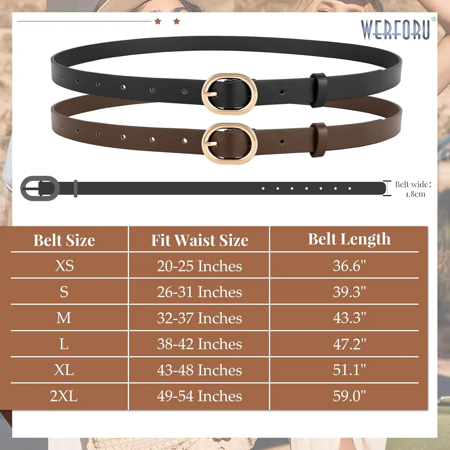 WERFORU 2 Pack Women's Skinny PU Leather Belt with Gold Buckle Ladies Thin Leather Plus Size Waist Belt for Jeans Dress