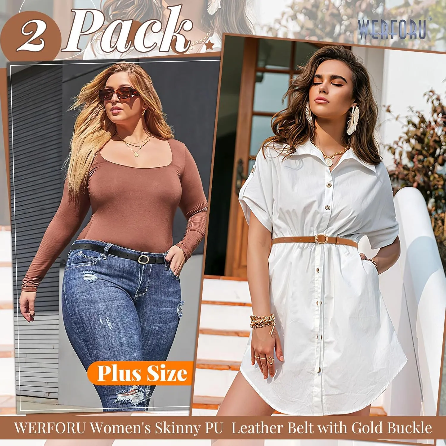 WERFORU 2 Pack Women's Skinny PU Leather Belt with Gold Buckle Ladies Thin Leather Plus Size Waist Belt for Jeans Dress