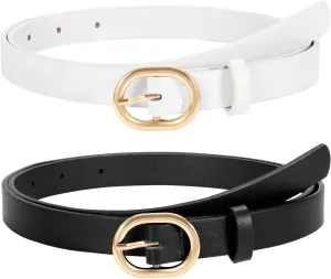 WERFORU 2 Pack Women's Skinny PU Leather Belt with Gold Buckle Ladies Thin Leather Plus Size Waist Belt for Jeans Dress