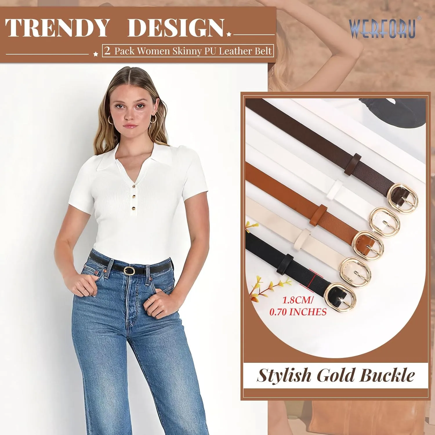 WERFORU 2 Pack Women's Skinny PU Leather Belt with Gold Buckle Ladies Thin Leather Plus Size Waist Belt for Jeans Dress