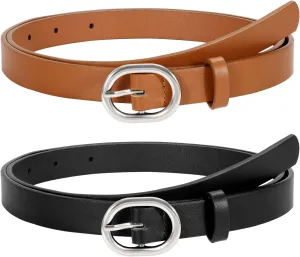 WERFORU 2 Pack Women's Skinny PU Leather Belt with Gold Buckle Ladies Thin Leather Plus Size Waist Belt for Jeans Dress