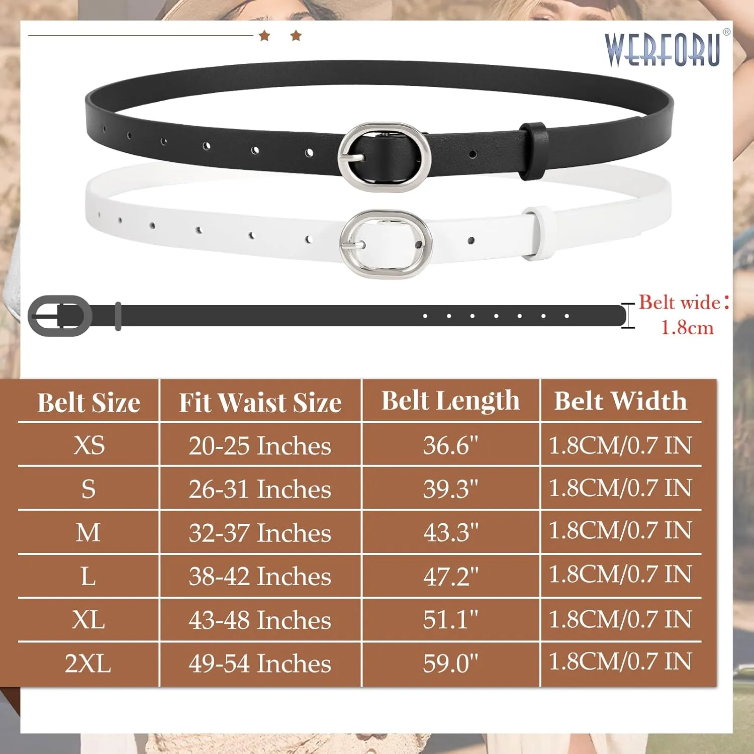 WERFORU 2 Pack Women's Skinny PU Leather Belt with Gold Buckle Ladies Thin Leather Plus Size Waist Belt for Jeans Dress