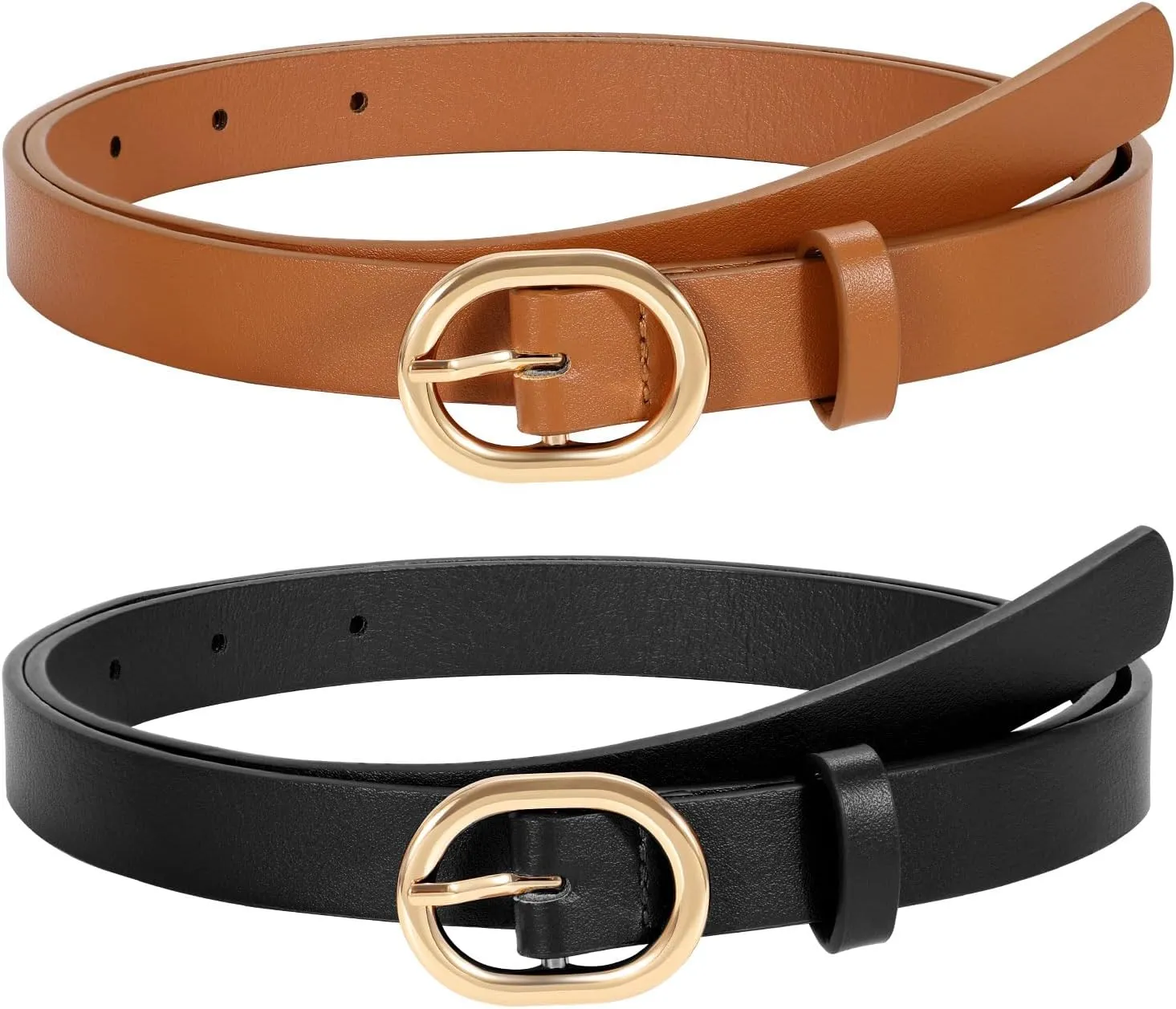 WERFORU 2 Pack Women's Skinny PU Leather Belt with Gold Buckle Ladies Thin Leather Plus Size Waist Belt for Jeans Dress