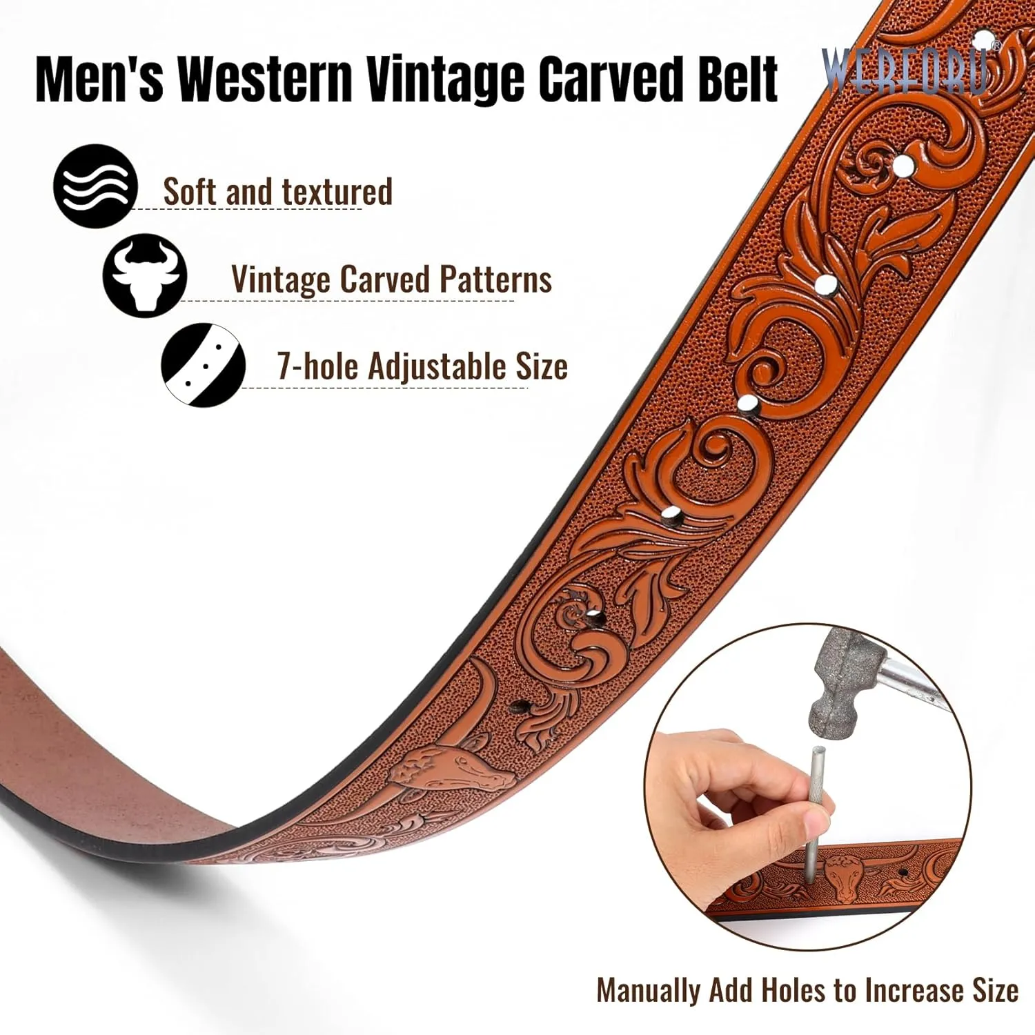 WERFORU Western Leather Belt Strap for Men Women Cowboy Western Belts without Buckle Men Western Leather Belt Jeans