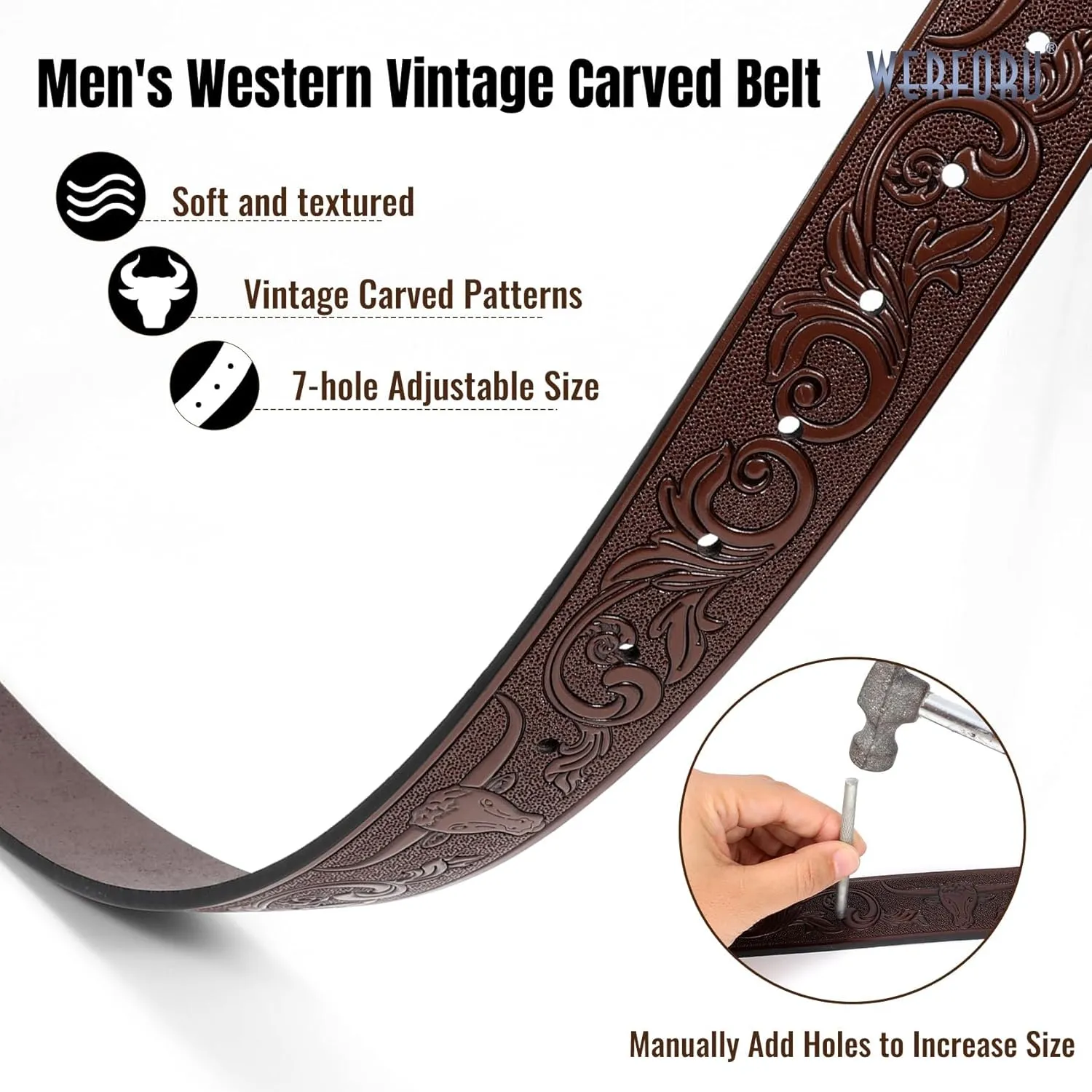 WERFORU Western Leather Belt Strap for Men Women Cowboy Western Belts without Buckle Men Western Leather Belt Jeans