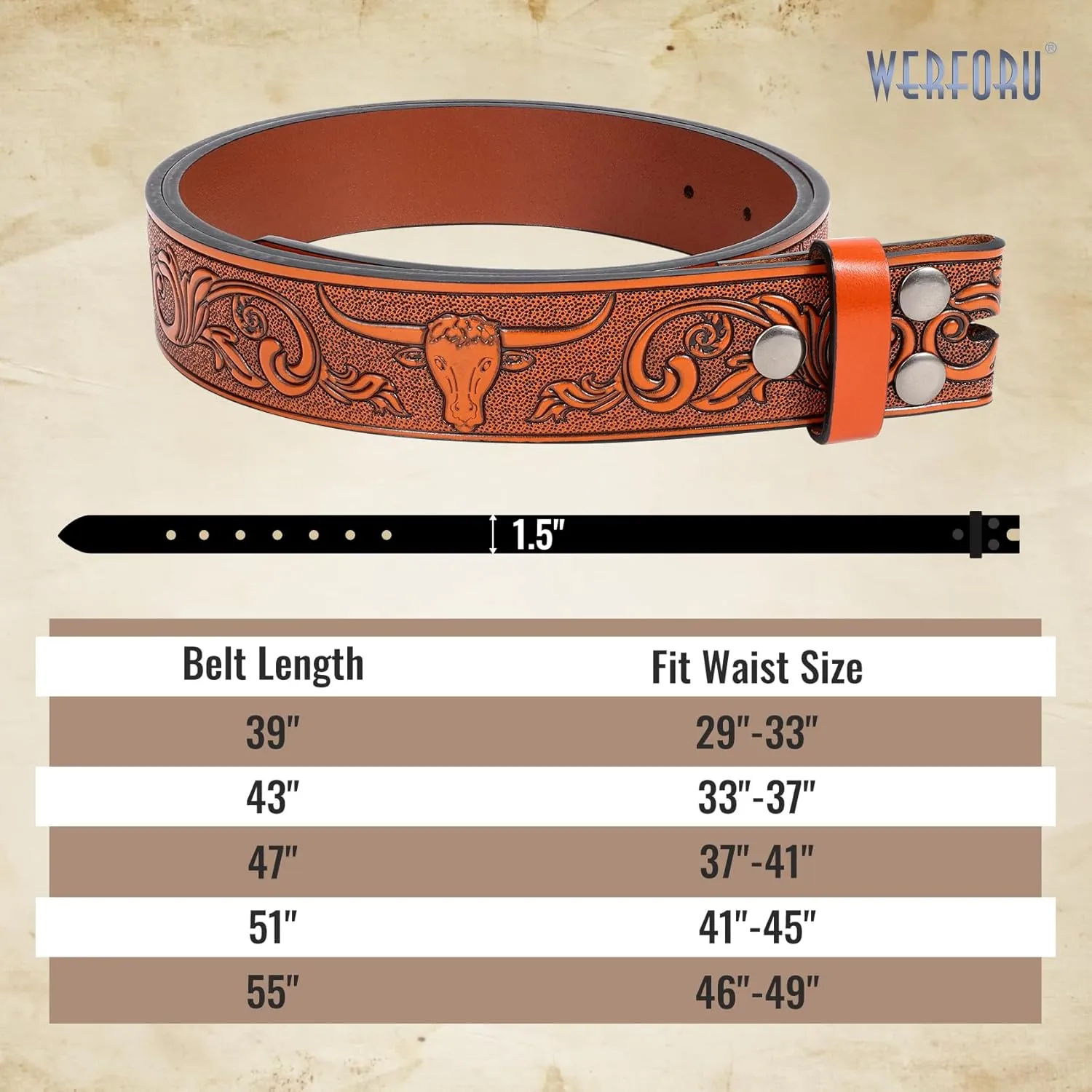 WERFORU Western Leather Belt Strap for Men Women Cowboy Western Belts without Buckle Men Western Leather Belt Jeans