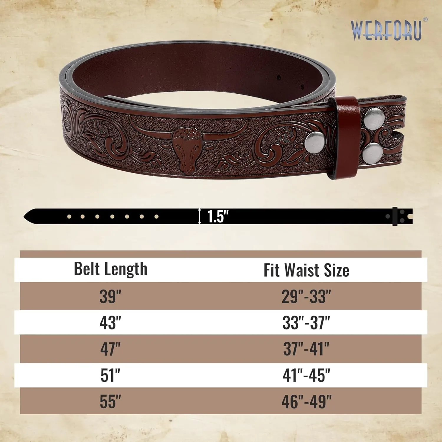 WERFORU Western Leather Belt Strap for Men Women Cowboy Western Belts without Buckle Men Western Leather Belt Jeans