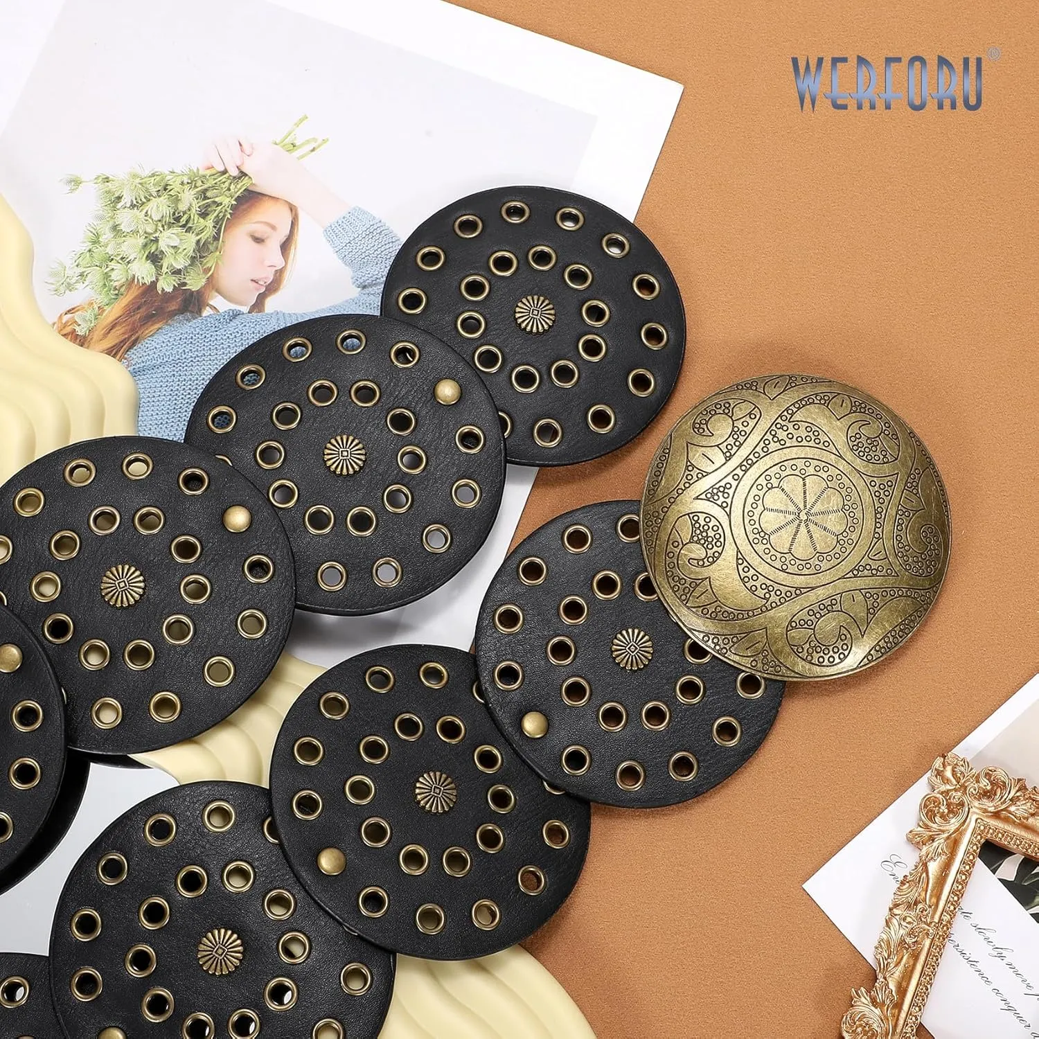 WERFORU Women Vintage Leather Belt Western Disc Waist Belts Ladies Western Belt Boho Belt for Dress Jean-