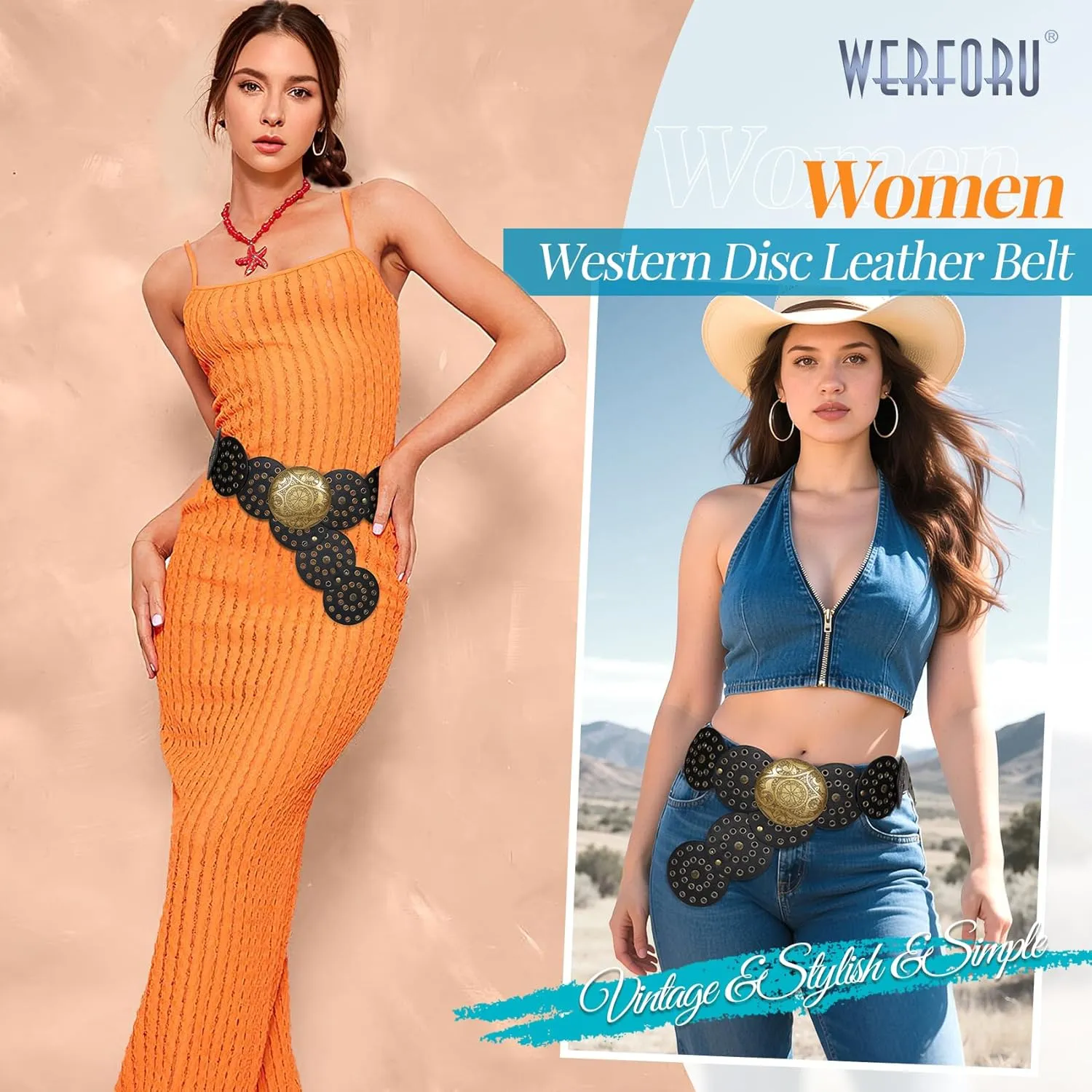 WERFORU Women Vintage Leather Belt Western Disc Waist Belts Ladies Western Belt Boho Belt for Dress Jean-