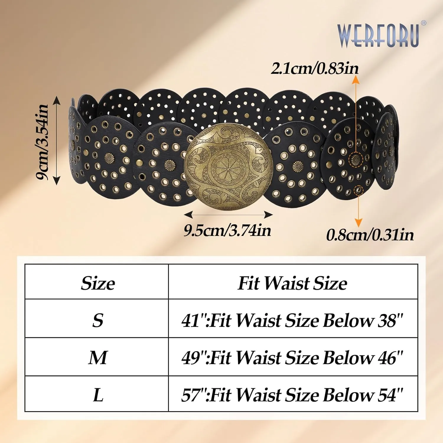 WERFORU Women Vintage Leather Belt Western Disc Waist Belts Ladies Western Belt Boho Belt for Dress Jean-
