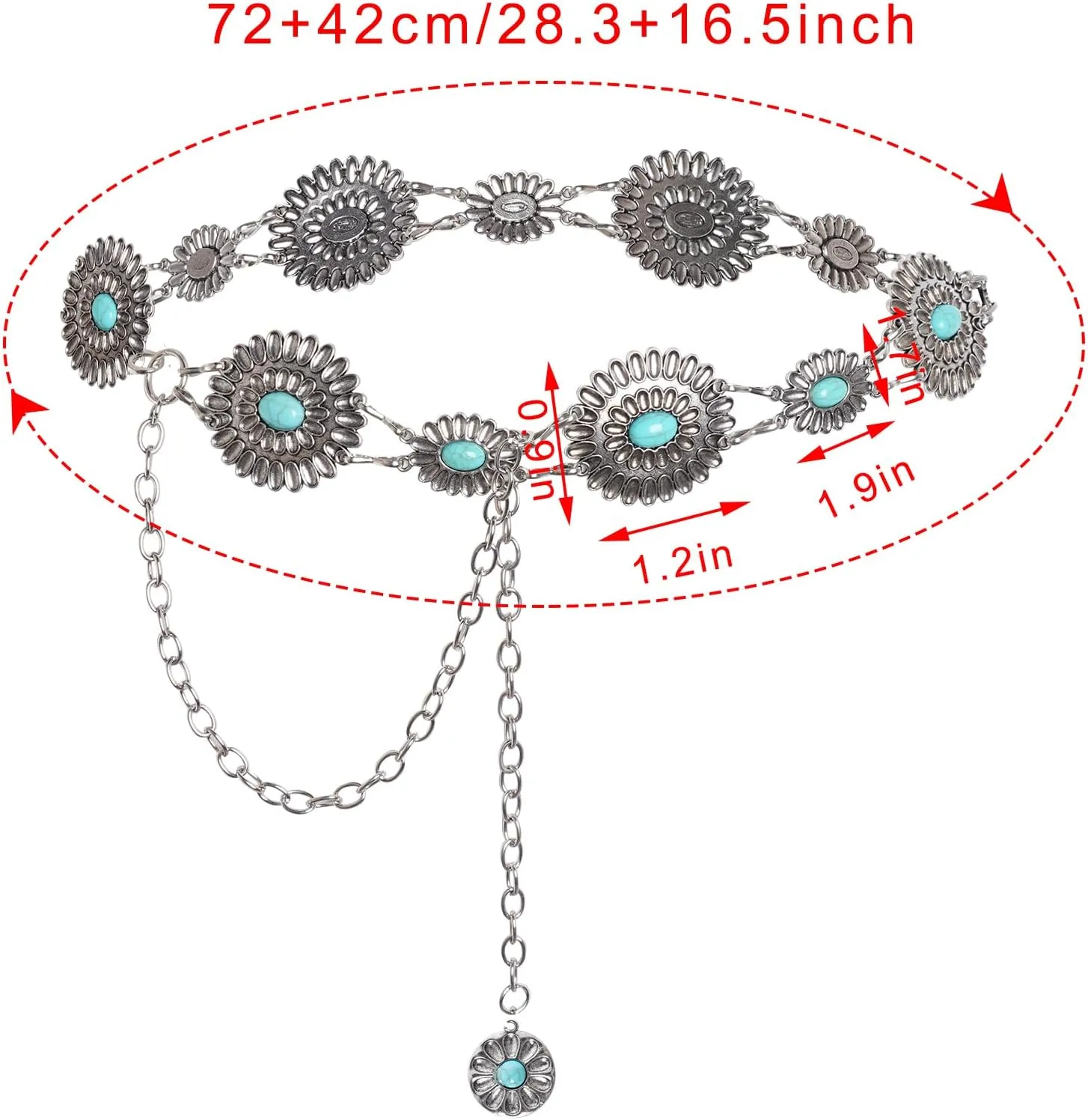 Western Metal Oval Concho Chain Belt for Women Cowgirl Turquoise Waist Chain Belt for Dresses Jeans Western