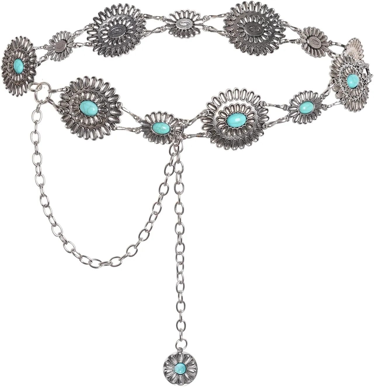 Western Metal Oval Concho Chain Belt for Women Cowgirl Turquoise Waist Chain Belt for Dresses Jeans Western