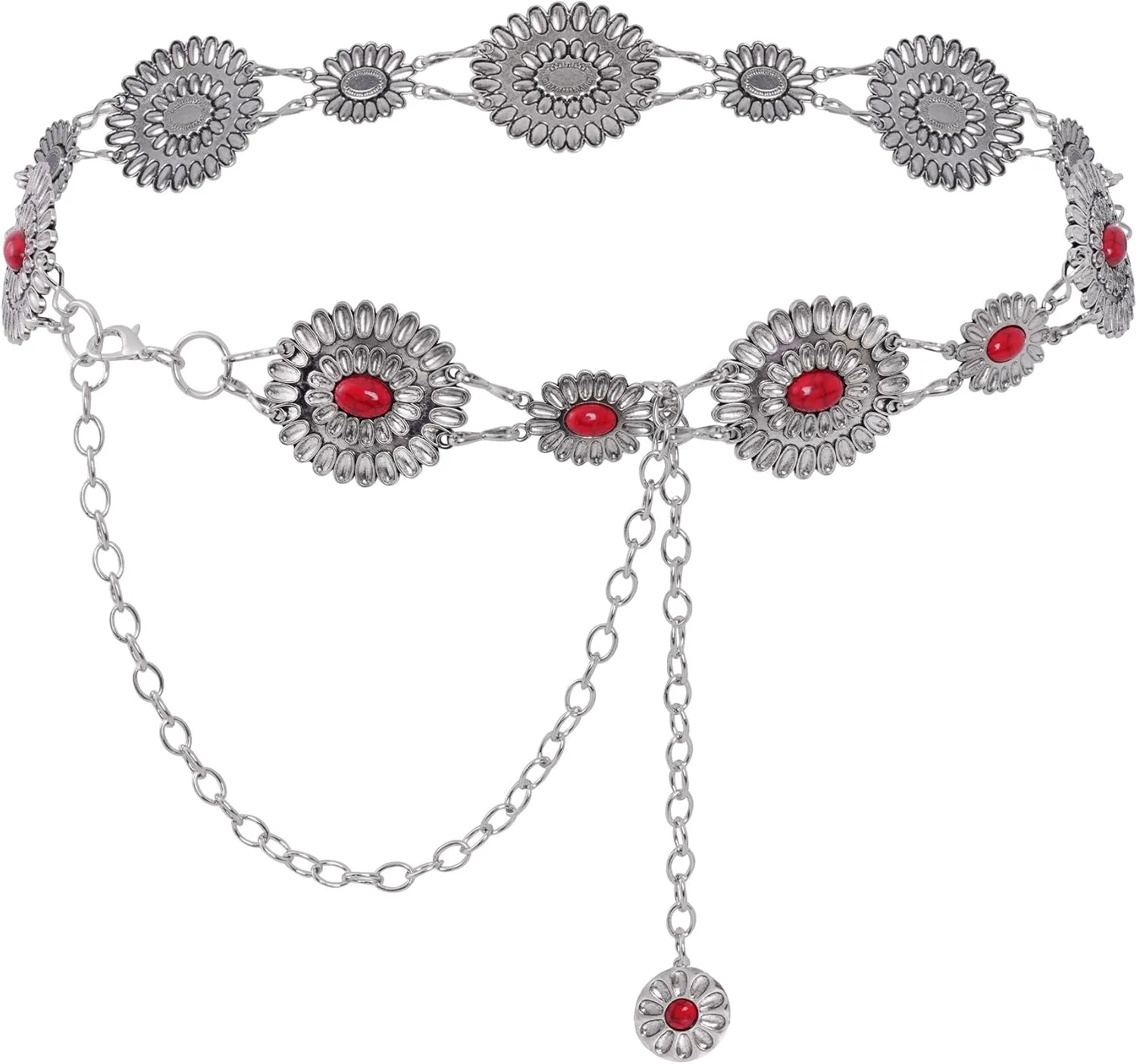 Western Metal Oval Concho Chain Belt for Women Cowgirl Turquoise Waist Chain Belt for Dresses Jeans Western