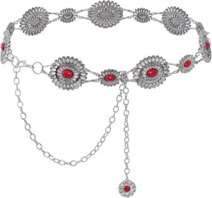 Western Metal Oval Concho Chain Belt for Women Cowgirl Turquoise Waist Chain Belt for Dresses Jeans Western