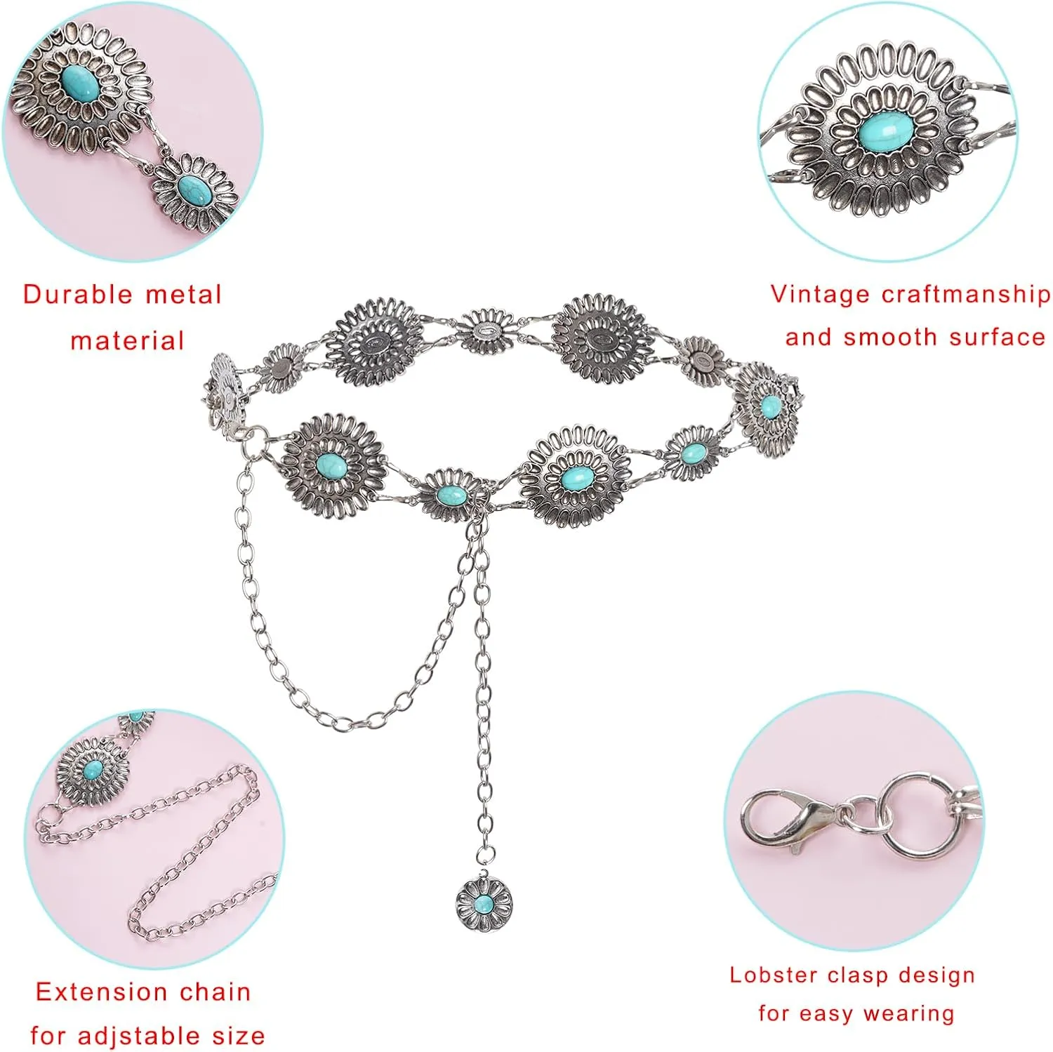Western Metal Oval Concho Chain Belt for Women Cowgirl Turquoise Waist Chain Belt for Dresses Jeans Western