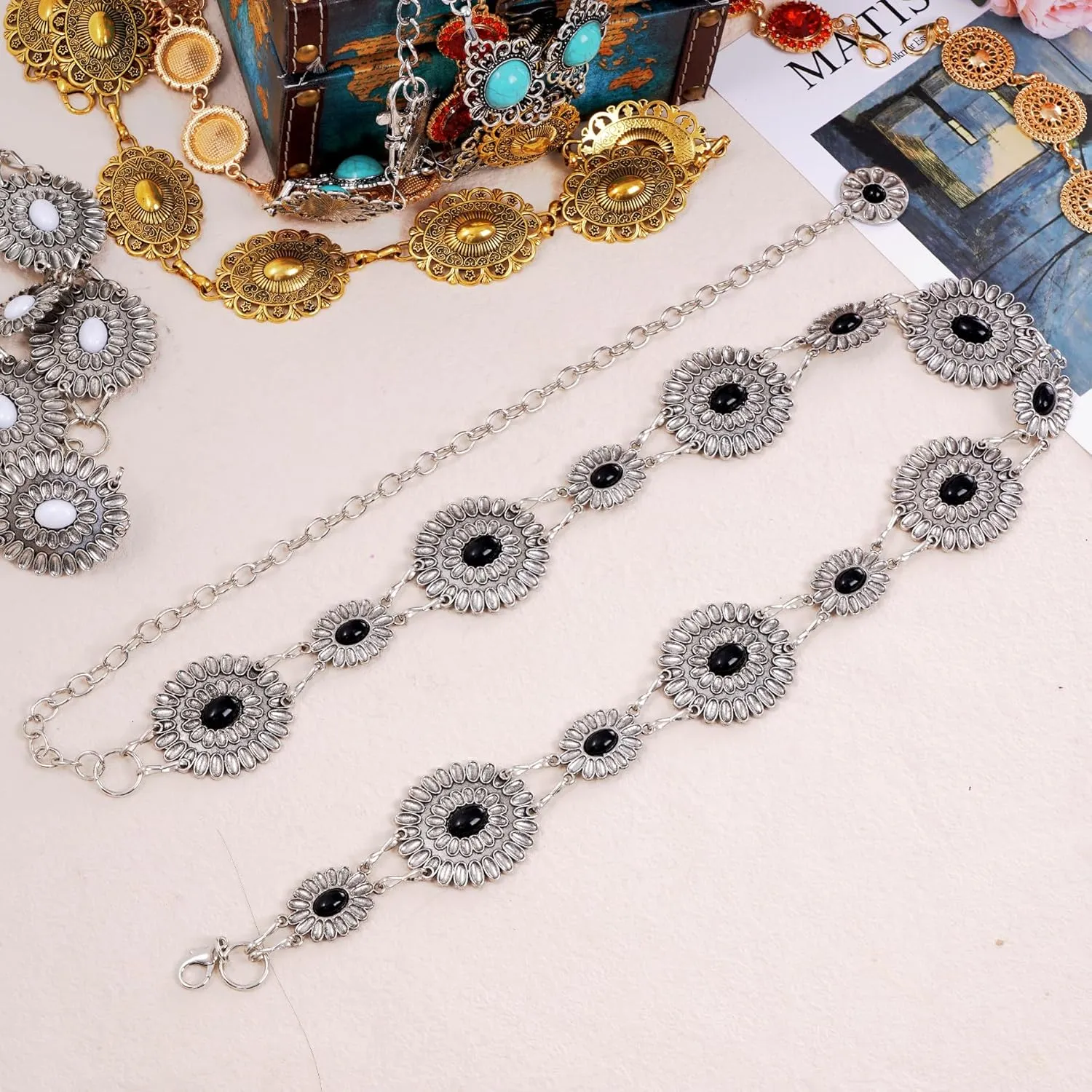Western Metal Oval Concho Chain Belt for Women Cowgirl Turquoise Waist Chain Belt for Dresses Jeans Western