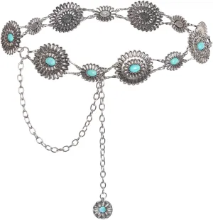Western Metal Oval Concho Chain Belt for Women Cowgirl Turquoise Waist Chain Belt for Dresses Jeans Western