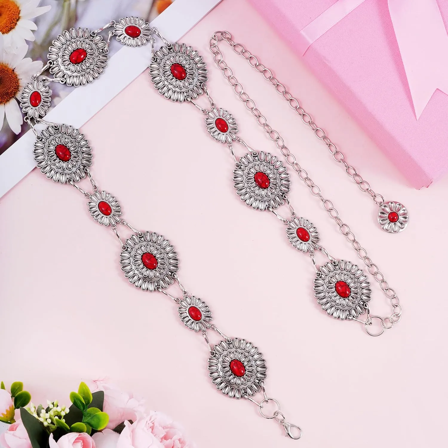 Western Metal Oval Concho Chain Belt for Women Cowgirl Turquoise Waist Chain Belt for Dresses Jeans Western