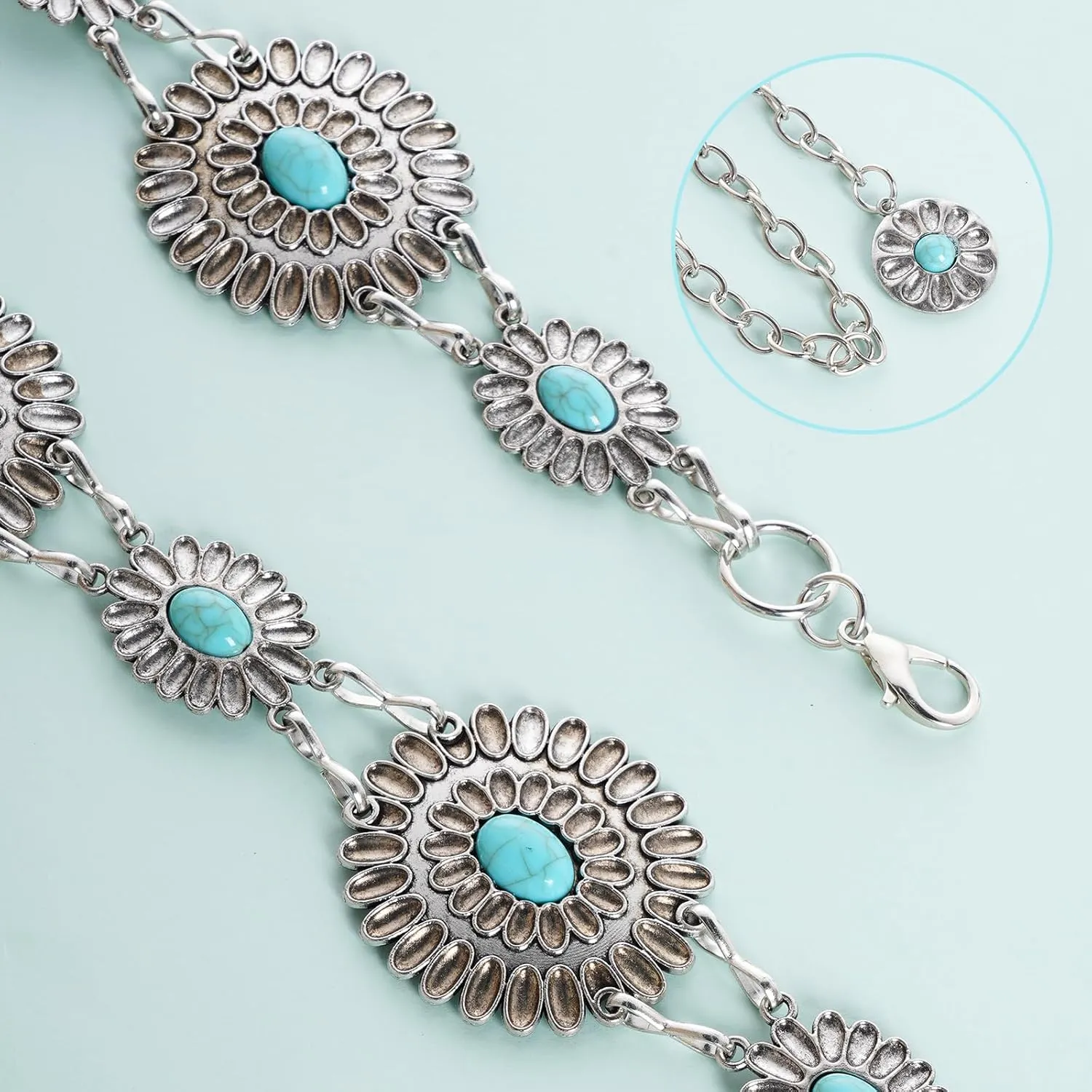 Western Metal Oval Concho Chain Belt for Women Cowgirl Turquoise Waist Chain Belt for Dresses Jeans Western