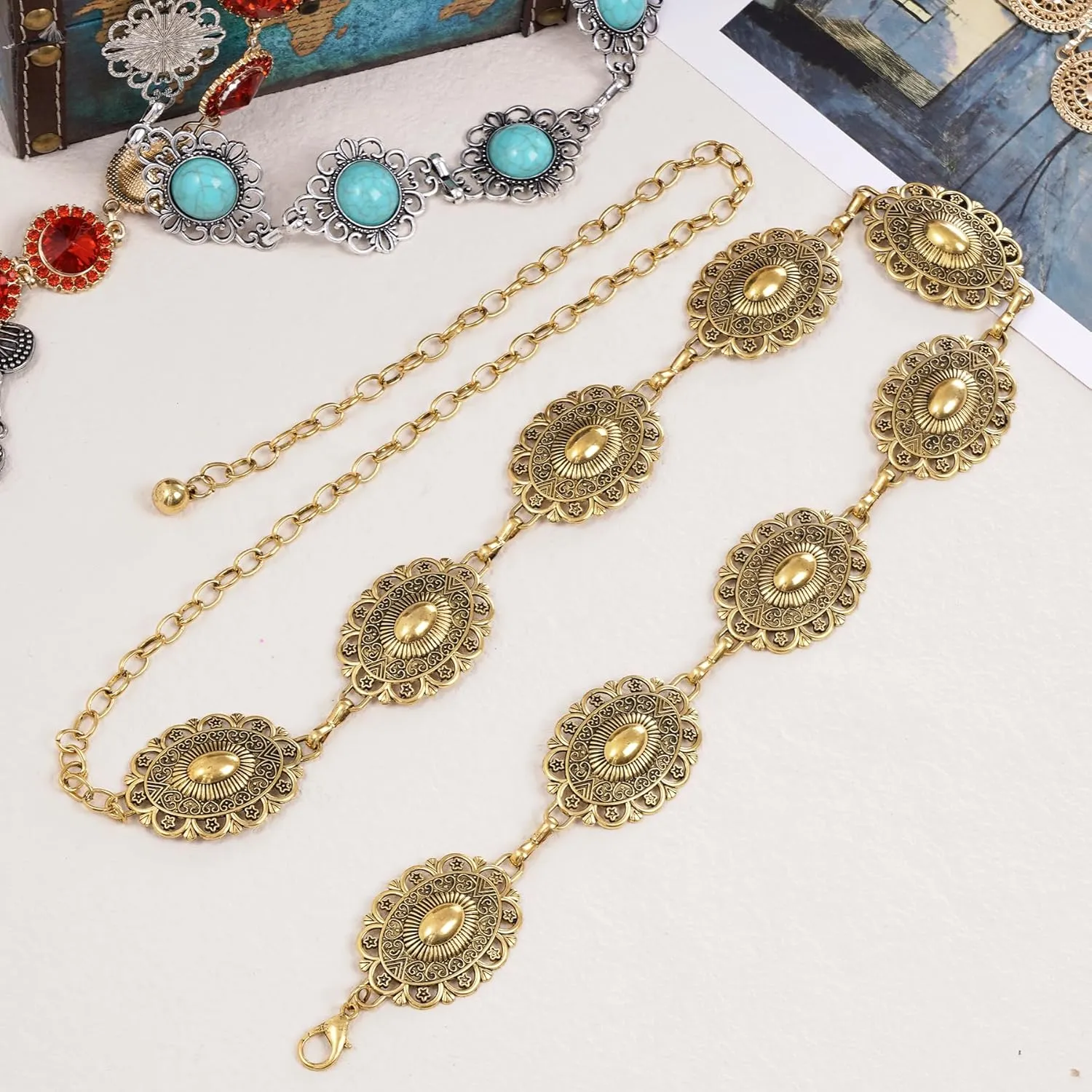 Western Oval Concho Chain Belt for Women Metal Waist Chain Belt for Dresses Jeans Western Cowgirl