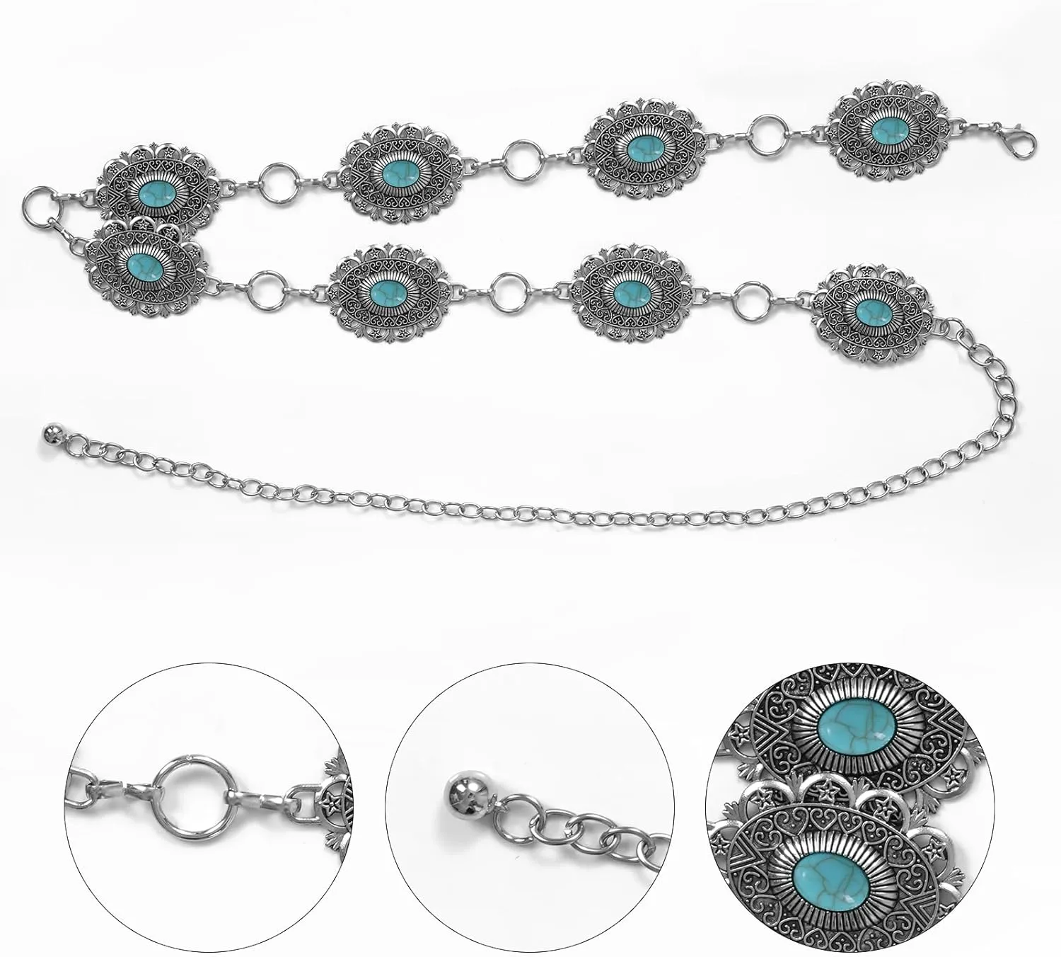 Western Oval Concho Chain Belt for Women Metal Waist Chain Belt for Dresses Jeans Western Cowgirl