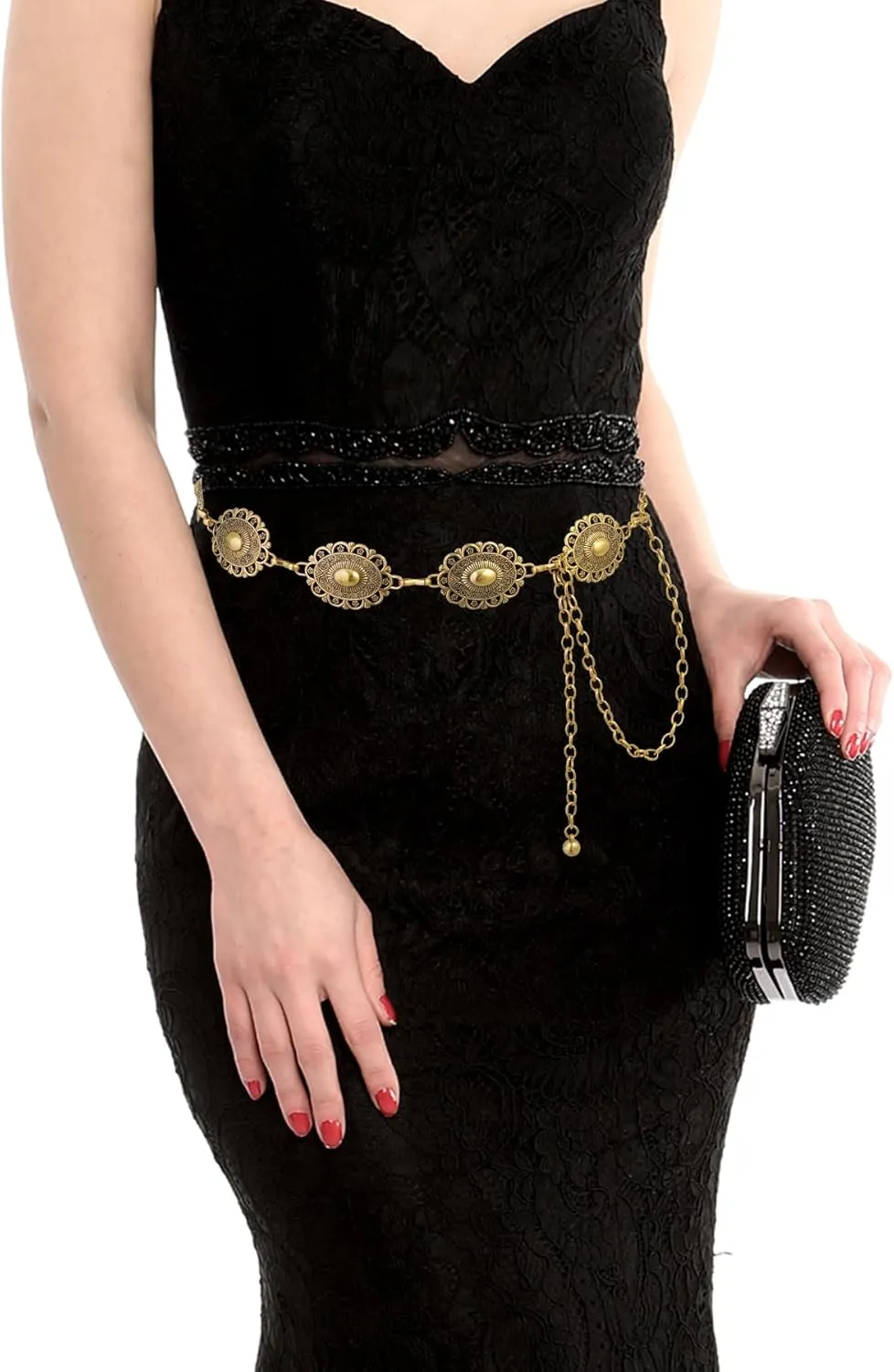 Western Oval Concho Chain Belt for Women Metal Waist Chain Belt for Dresses Jeans Western Cowgirl