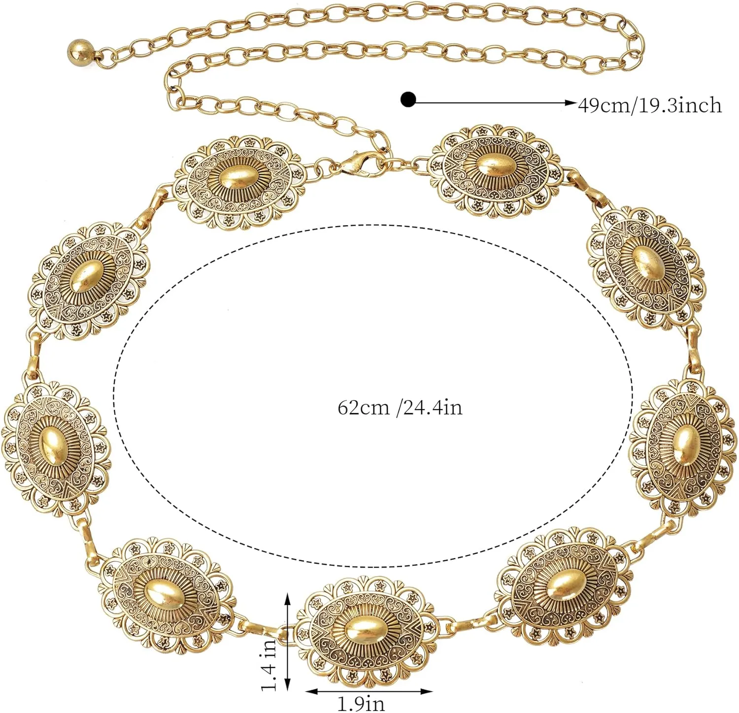 Western Oval Concho Chain Belt for Women Metal Waist Chain Belt for Dresses Jeans Western Cowgirl