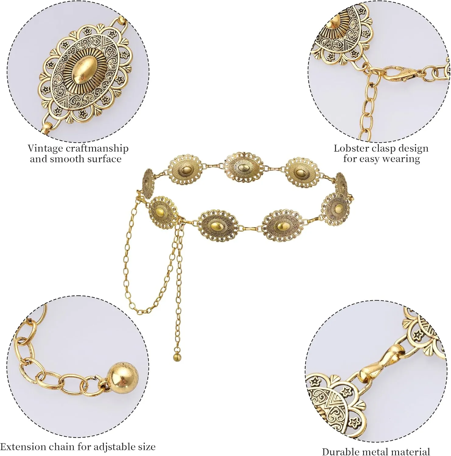 Western Oval Concho Chain Belt for Women Metal Waist Chain Belt for Dresses Jeans Western Cowgirl