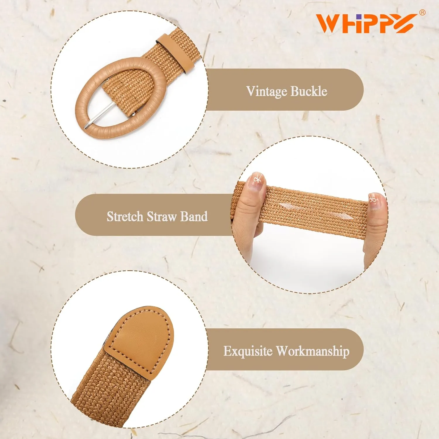 WHIPPY Women Straw Woven Elastic Stretch Waist Belt, Boho Braided Skinny Dress Belts for Women