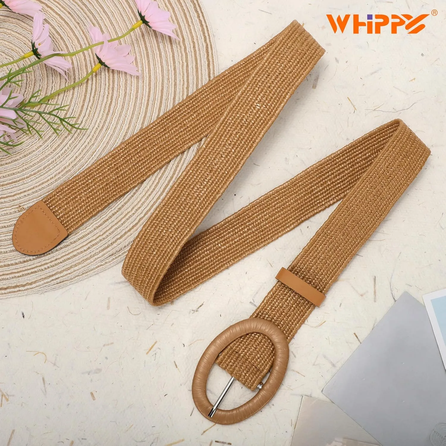 WHIPPY Women Straw Woven Elastic Stretch Waist Belt, Boho Braided Skinny Dress Belts for Women