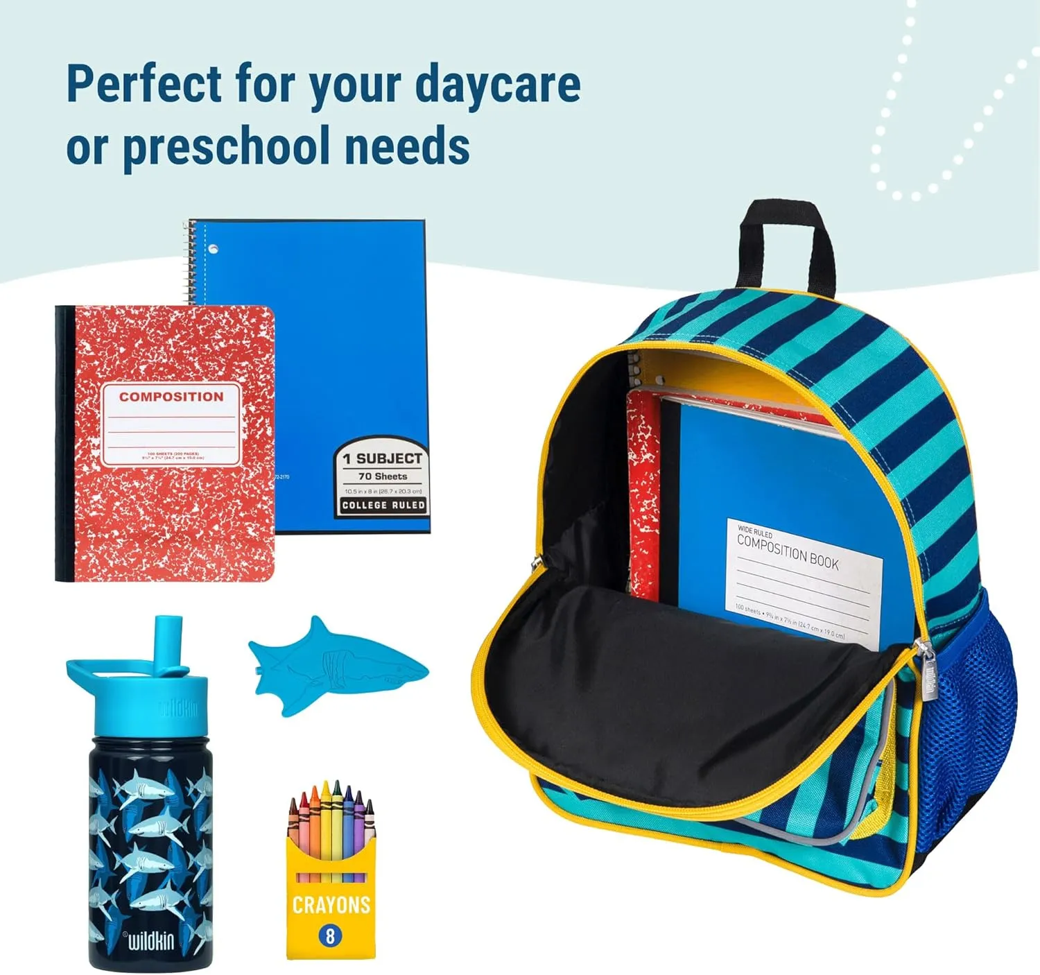 Wildkin 12-inch Kids Backpack  Padded, Adjustable, Ideal for Daycare & Travel - Blue Stripes