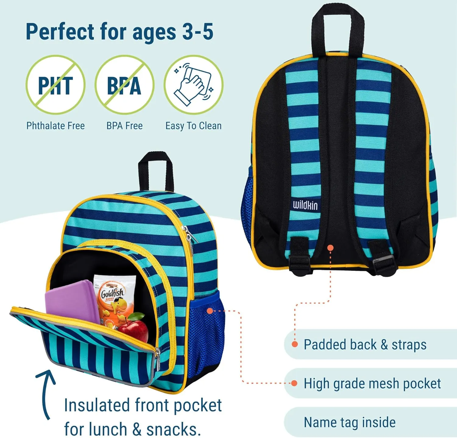 Wildkin 12-inch Kids Backpack  Padded, Adjustable, Ideal for Daycare & Travel - Blue Stripes